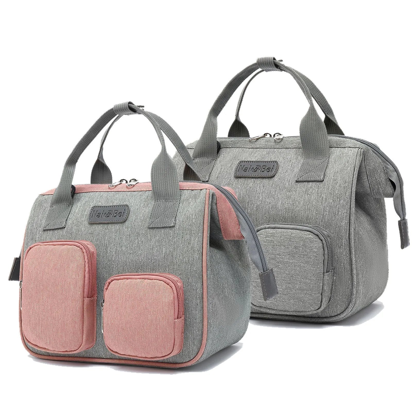Grey and pink grey women's waterproof Oxford cloth handbag with an outer pocket and large capacity.