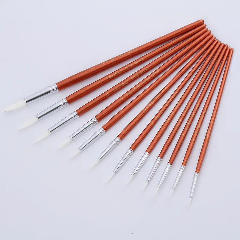 12 piece round nylon hair paint brush set with wooden handles for art school watercolour and acrylic painting