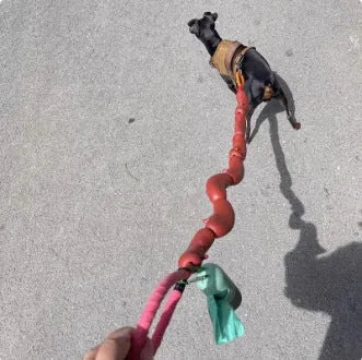 Brown nylon cat toy leash with large sausage segments and a black grip tape handle, shown at full 108cm length.