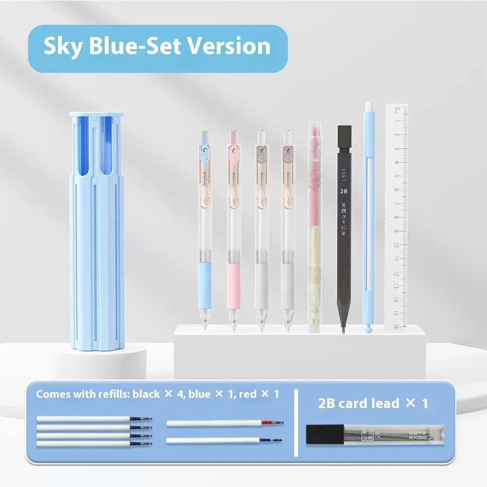 Plastic pencil case kit with pressing pen slots holding six pens in sky blue colour