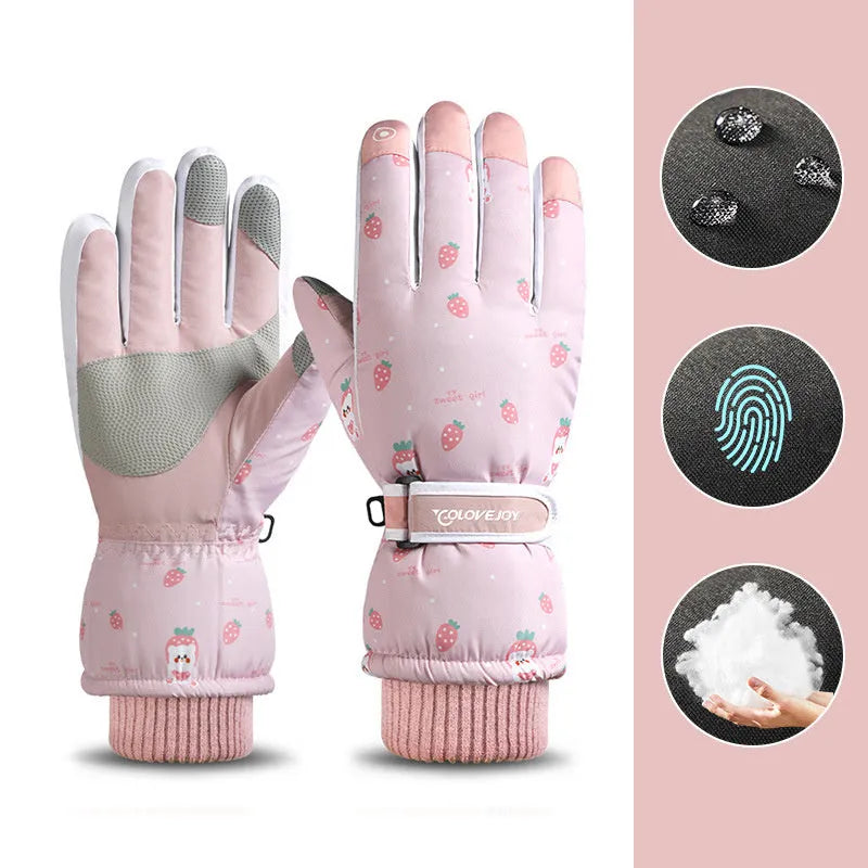 Snowflake cartoon print winter gloves, touchscreen and waterproof, one size, nylon with anti-skid palm