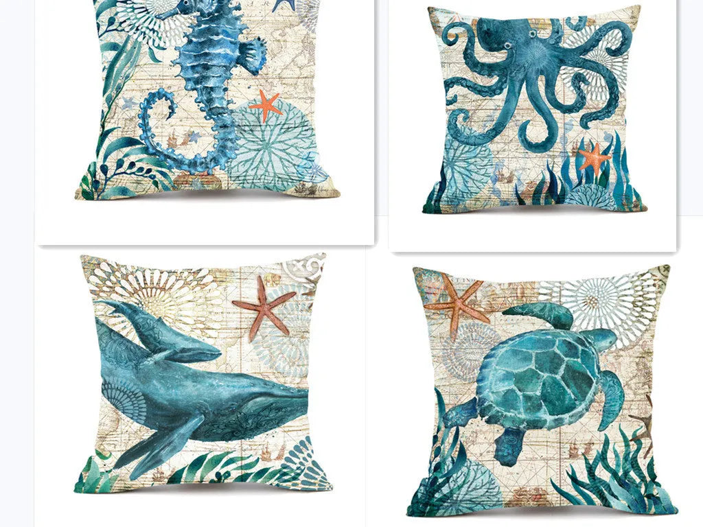 Square linen cushion cover with a detailed blue and green sea turtle print, showing the invisible zipper closure.