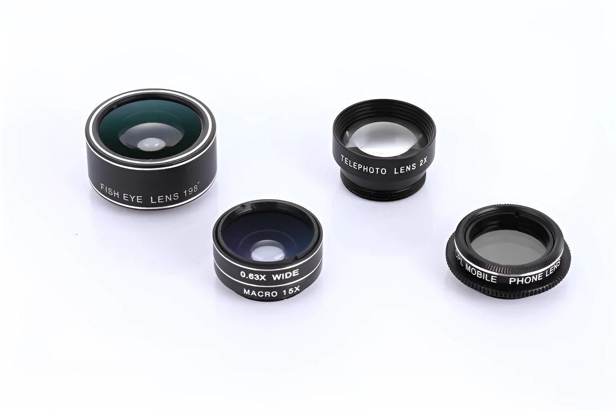 Five-in-one universal mobile phone lens kit with fisheye, wide-angle, macro, telephoto, and CPL polarising filter
