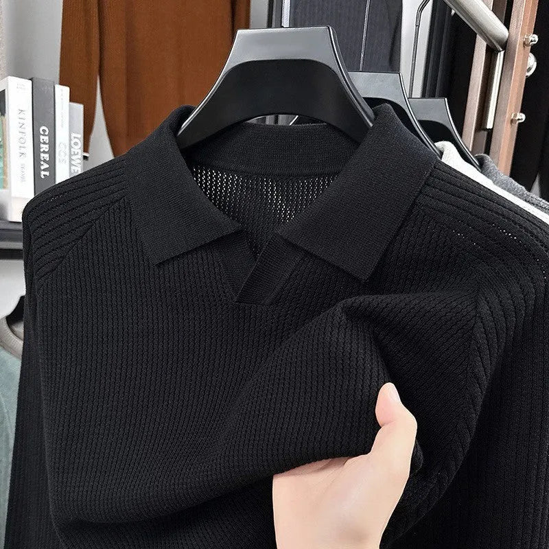 Men's cotton scissors collar pullover shirt in black, loose fit