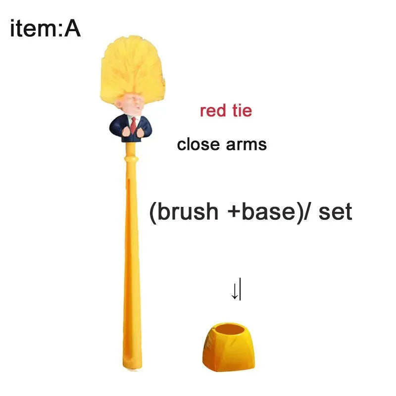 Yellow plastic Donald Trump toilet brush with hanging slot on handle.