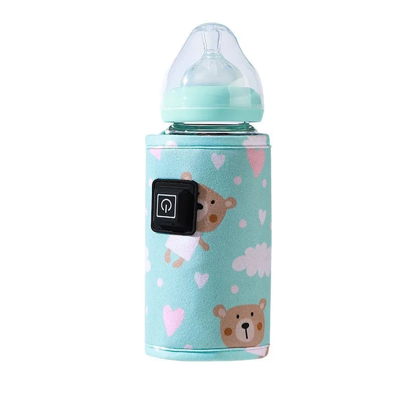 USB baby bottle insulation cover with thermostatic heating in composite velvet material with dinosaur design