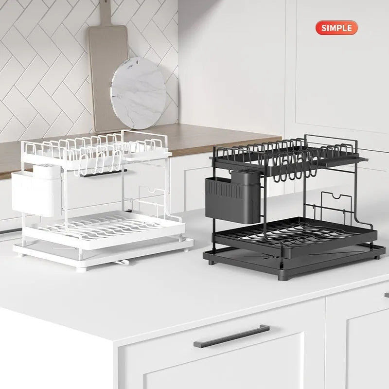 White double-layer kitchen storage rack with removable draining on countertop