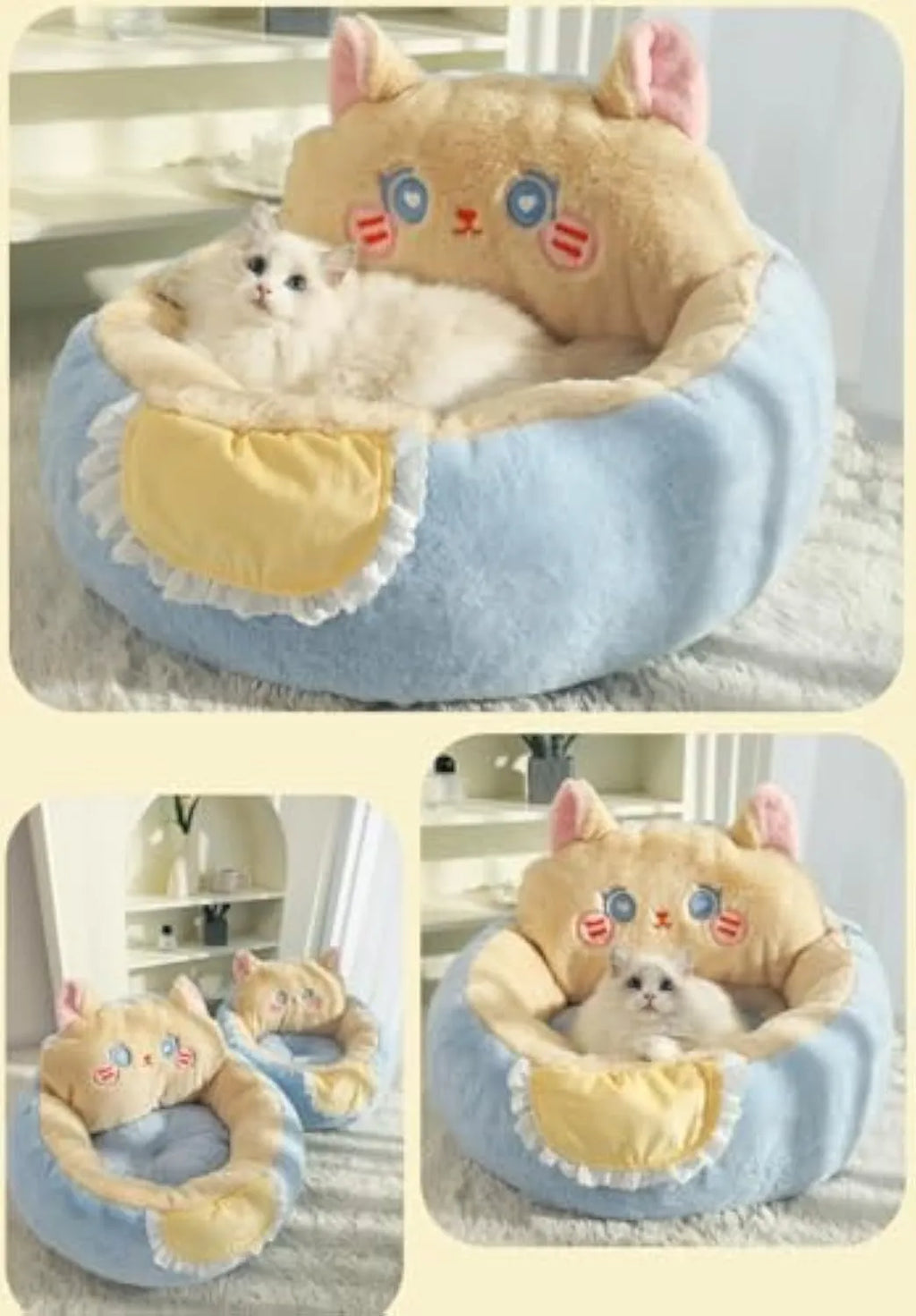 Cute bear-patterned plush cat and dog bed tent with removable cushion, available in blue or brown