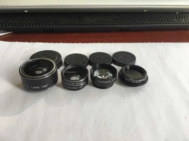 Five-in-one universal mobile phone lens kit with fisheye, wide-angle, macro, telephoto, and CPL polarising filter