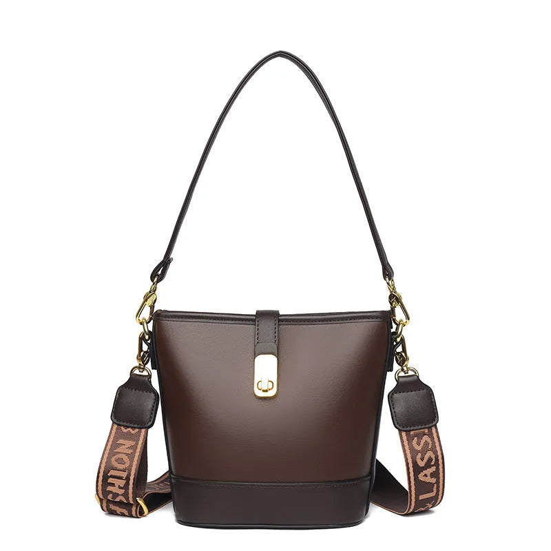 Korean fashion bucket bag in black PU leather with double shoulder straps and organised interior compartments