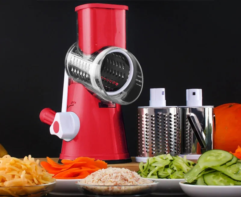 Manual round kitchen mandoline slicer with stainless steel blades in blue colour