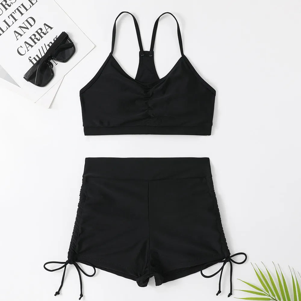 Women's high waist split swimsuit in black or violet with two-piece bikini design for swimming and surfing