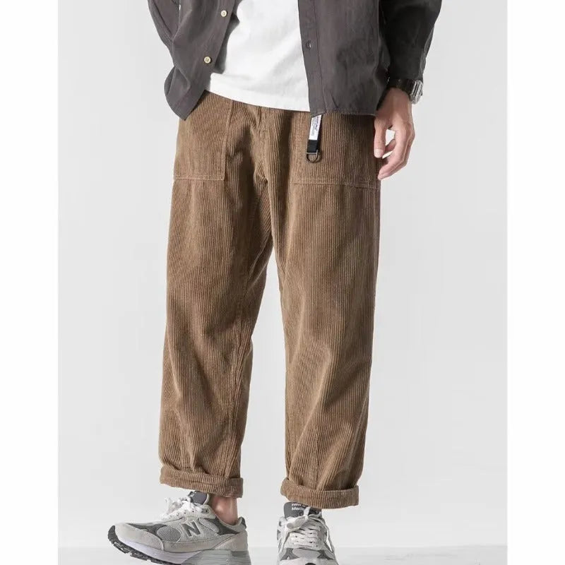 Loose straight tapered trousers in chemical fibre blend fabric, available in multiple sizes and colours