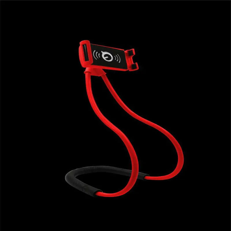 White universal neck phone holder with 360-degree rotating clamp on a table