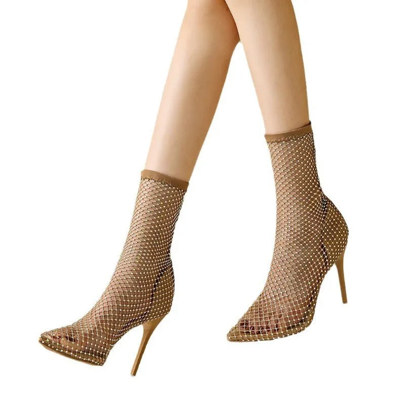 Gold mesh women's high heel sandals with pointed toe and stiletto heel on rubber sole