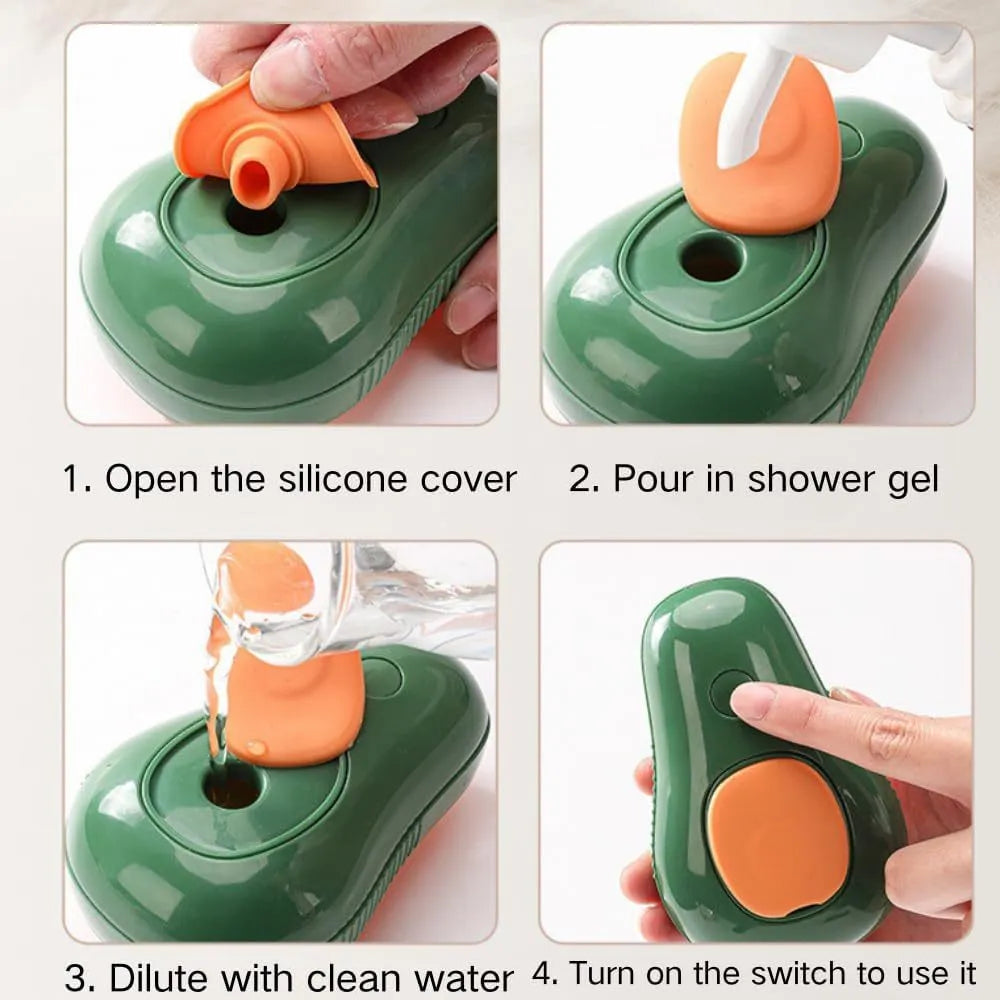 Green and white 3 in 1 cat steam brush with silicone bristles and water spray function for grooming pets.