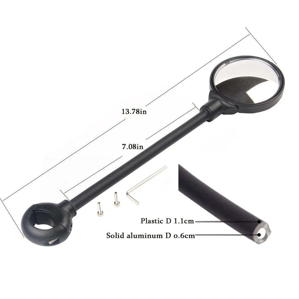 Black metal bicycle rearview mirror with hose adjustment mechanism for handlebar mounting