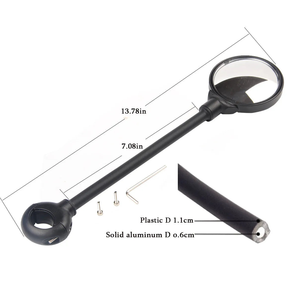 Black metal bicycle rearview mirror with hose adjustment mechanism for handlebar mounting
