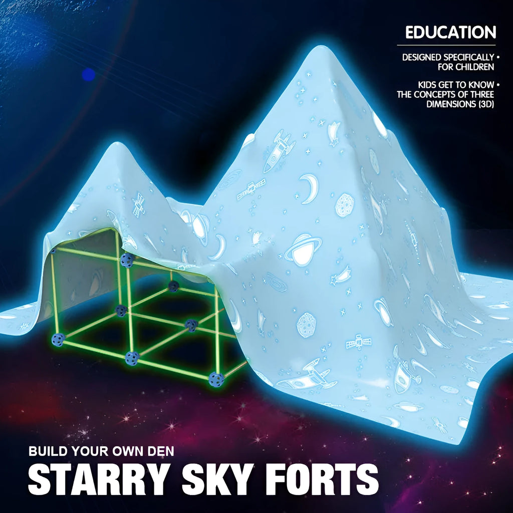 Luminous plastic fort building kit for kids with glowing sticks, balls, and fabric tent