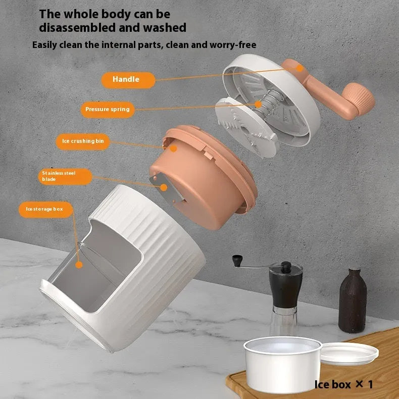 Hand-cranked ice shaving machine in green and orange, compact portable snow cone maker with ergonomic handle and removable ice box.