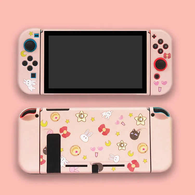 Nintendo Switch silicone protection case showing four colour pattern options and split-shell design