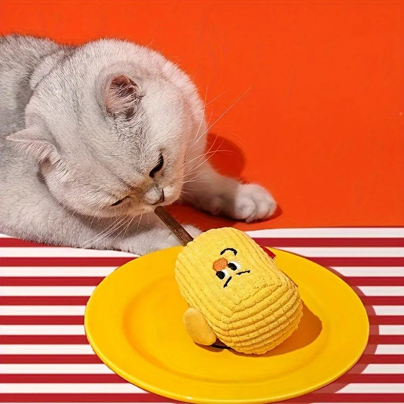 Corn cob shaped cat chew toy made from natural polio wood with catnip filling inside
