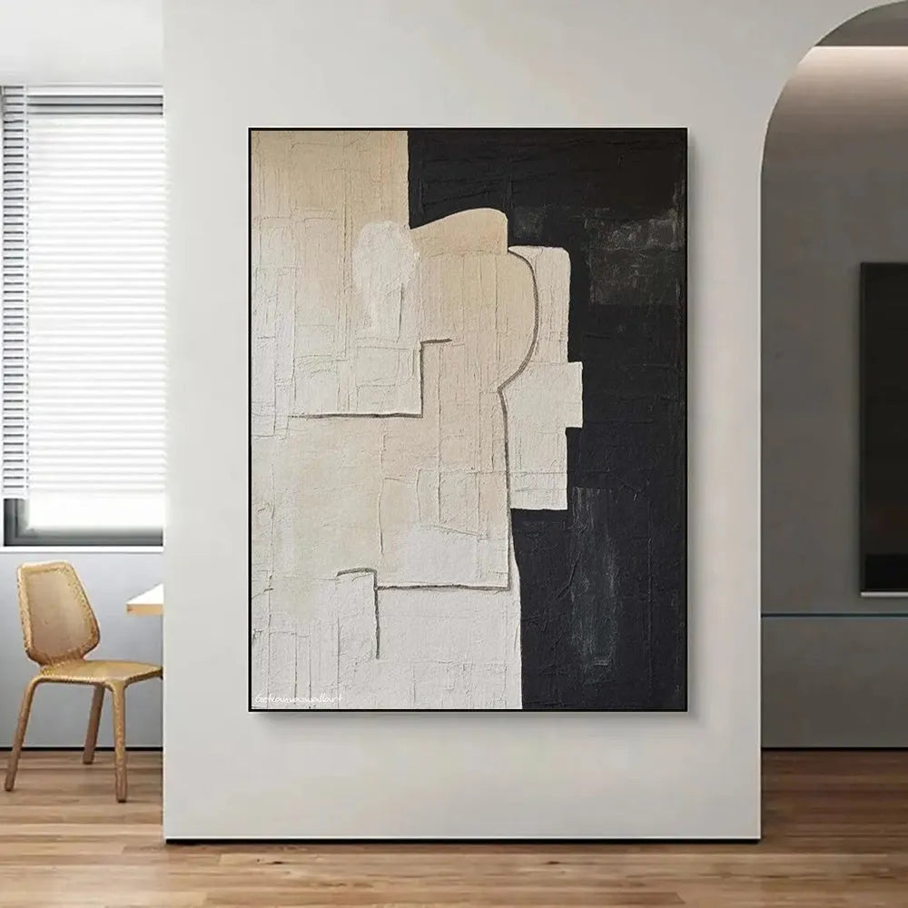 Handmade modern abstract black and white textured oil painting on canvas, rolled and unstretched, suitable for living room wall decor