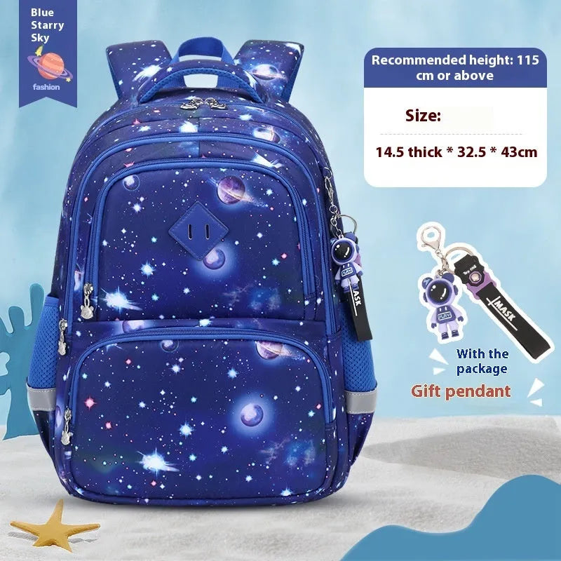 Blue children's Oxford cloth backpack with dinosaur print and curved shoulder straps.