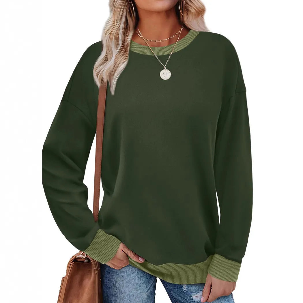 Women's loose striped long-sleeved top in polyester fabric showing round neck and seven colour options