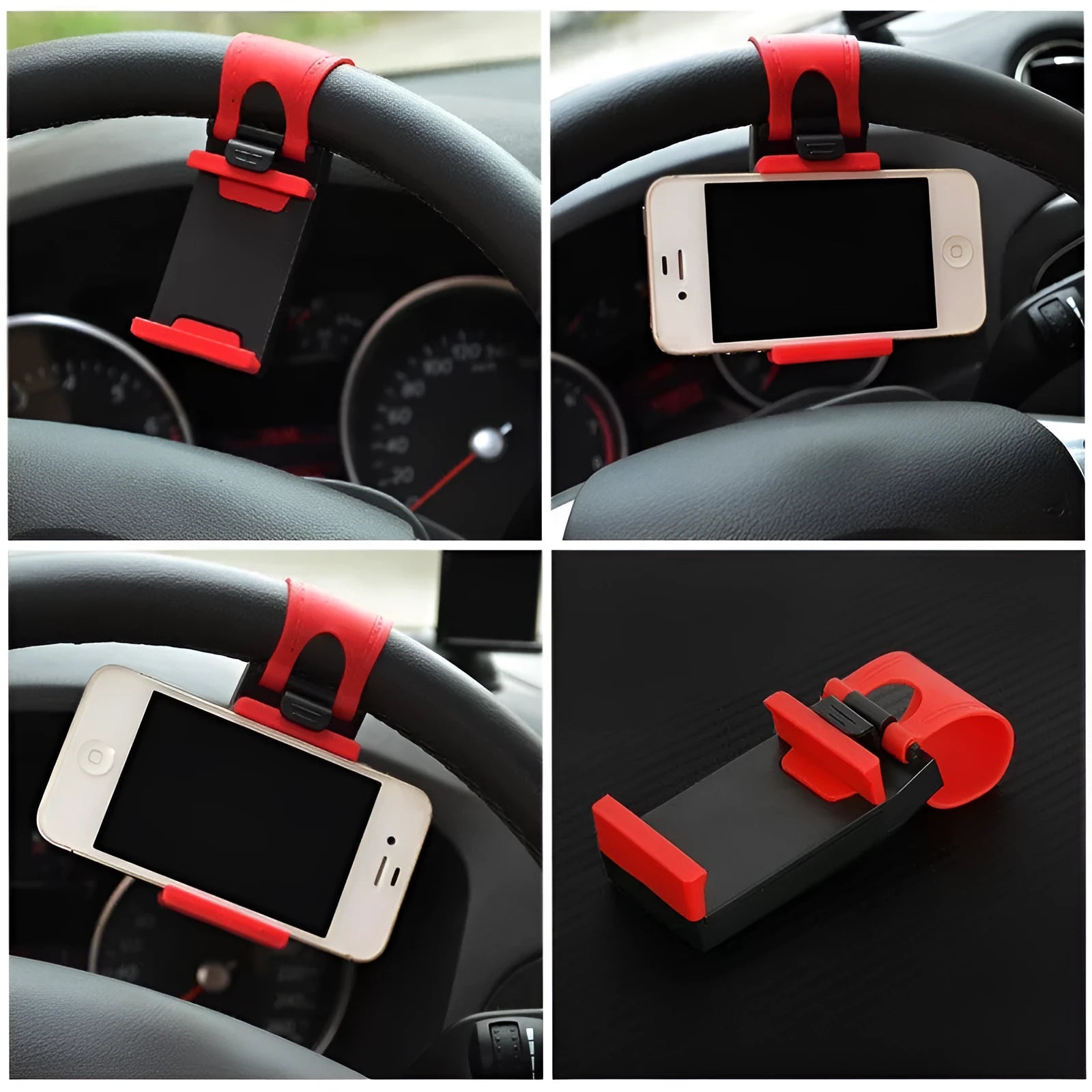Black universal car steering wheel clip mount holder holding a mobile phone.