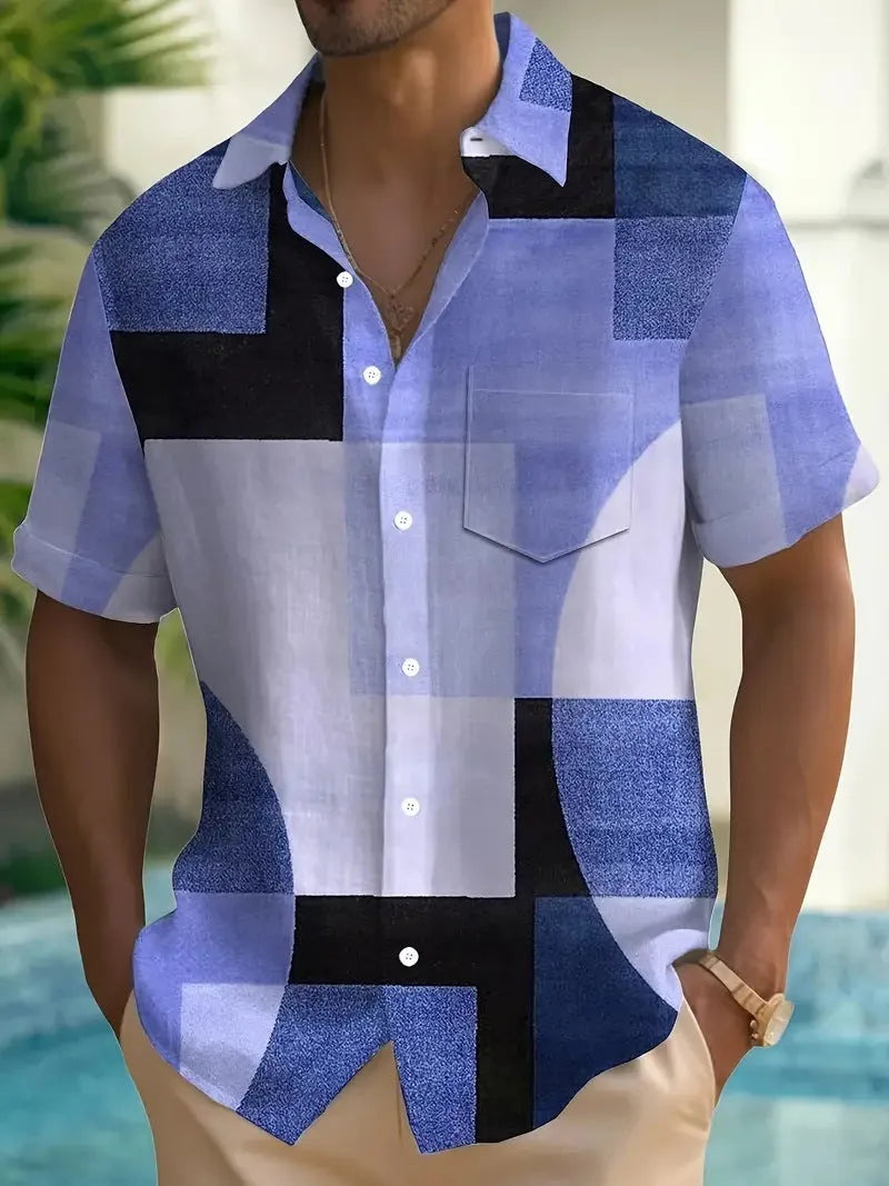 Men's loose fit cardigan shirt with retro geometric 3D printed squares in contrast colours