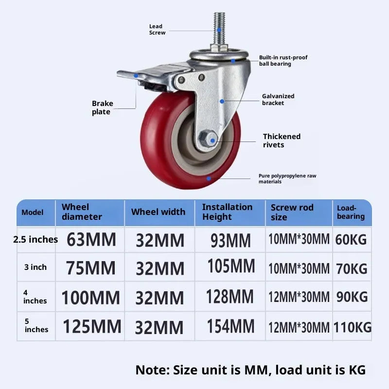 Medium purplish red 3-inch seamless chair cabinet caster with brake for office equipment