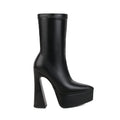 Women's thick heel super high heel platform booties in black with artificial PU upper and rubber sole