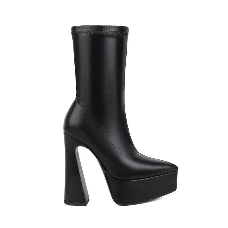 Women's thick heel super high heel platform booties in black with artificial PU upper and rubber sole
