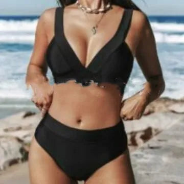 Women's solid colour bikini with adjustable straps and high-coverage briefs in black, navy blue and purple pink