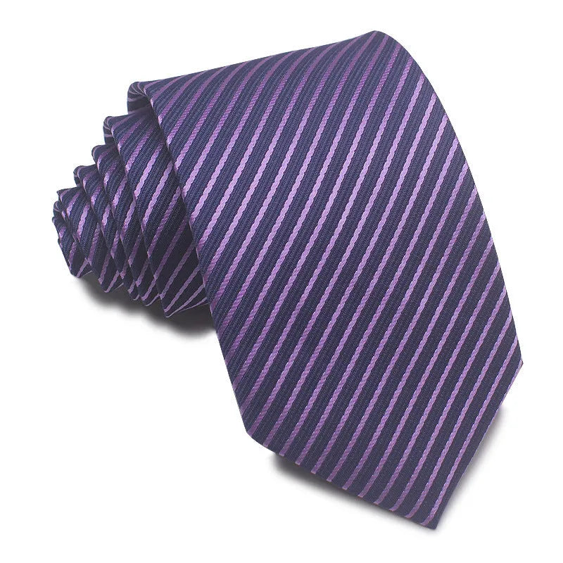 8cm wide polyester jacquard striped men's business tie shown in multiple colour variations