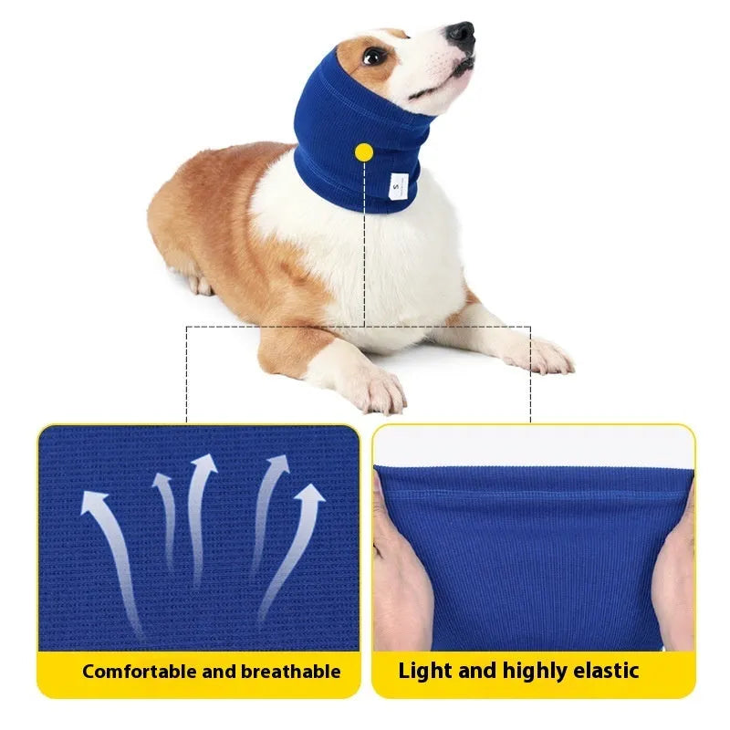 Blue and grey polyester dog headband scarf shown in small, medium and large sizes