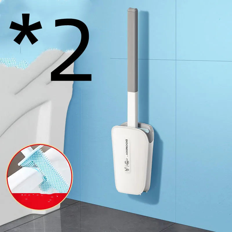 Plastic toilet brush with blue TPR antibacterial brush head and matching bucket on wall mount