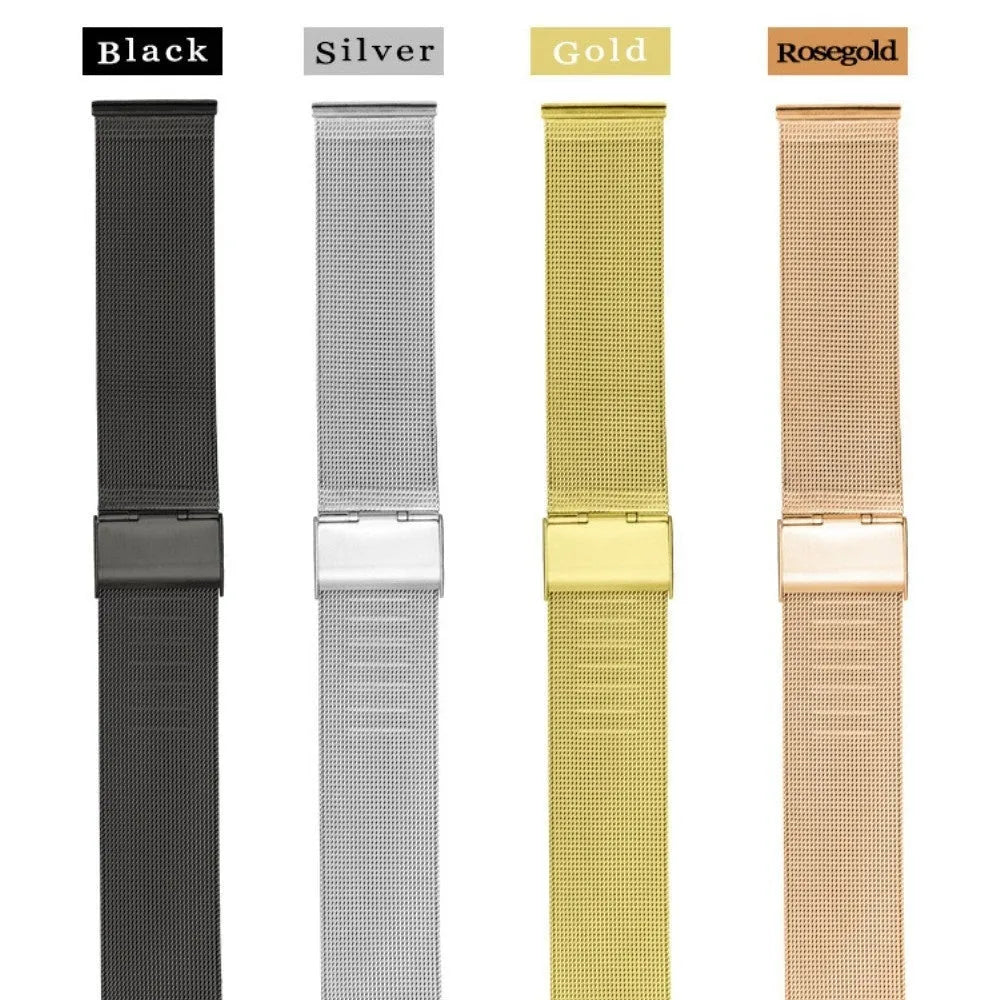 Close-up of a woven stainless steel watch band in silver showing textured metal links.
