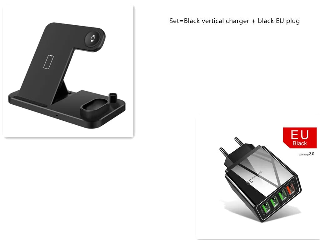 Black 4-in-1 wireless charging station with phone on adjustable stand, Apple Watch, and AirPods charging.