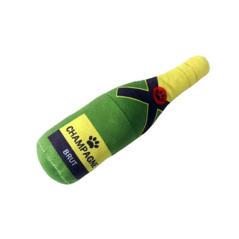 Green plush dog toy shaped like a wine bottle on a white background.