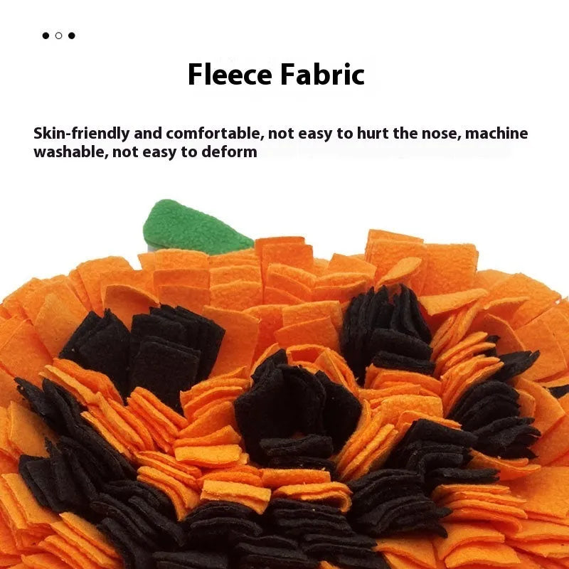 Orange, black, and green pumpkin-shaped pet smell mat made from polar fleece cloth.