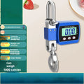 Electronic digital hook scale in orange, blue, or white showing digital display and metal hook.