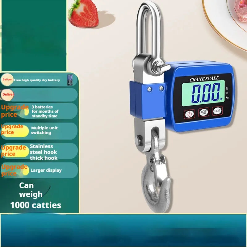 Electronic digital hook scale in orange, blue, or white showing digital display and metal hook.