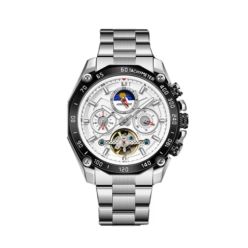 Men's automatic mechanical watch with various colour combinations showing 12mm thickness profile