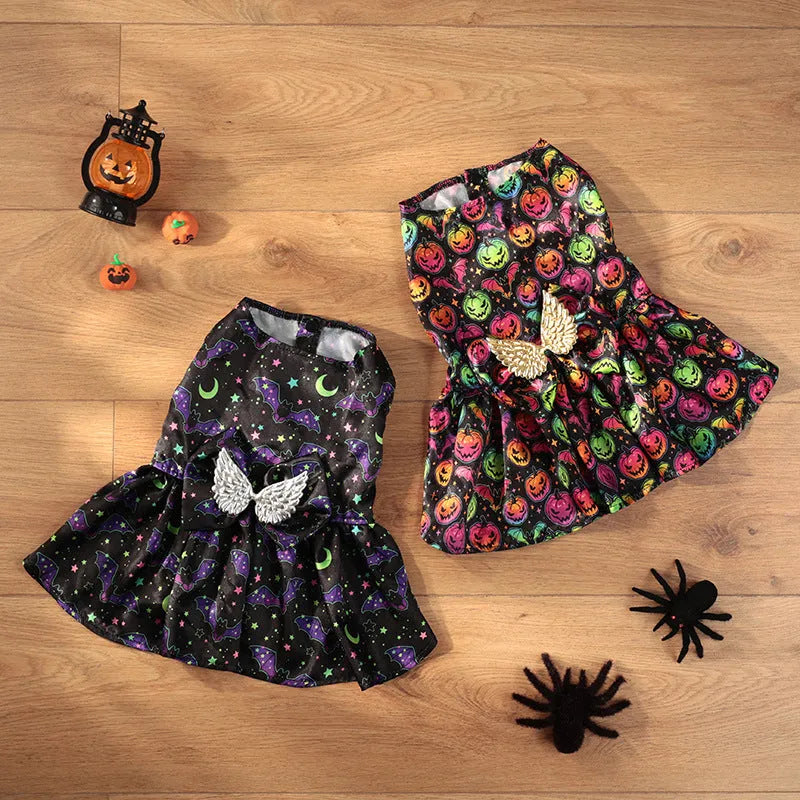 Halloween angel wings dog costume in bright pumpkin or bat colours