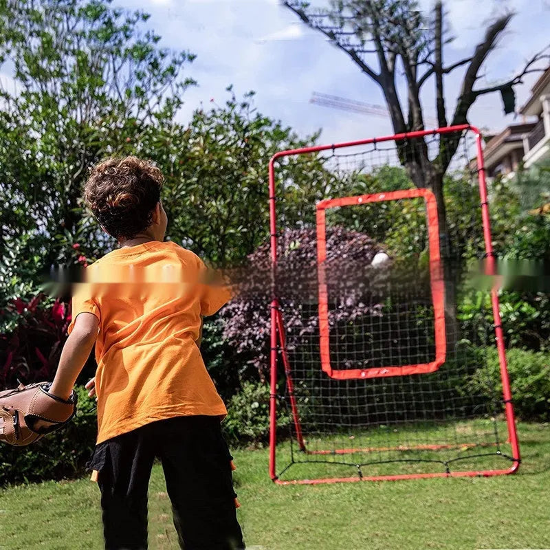 Red portable baseball training net with metal frame set up in a garden.