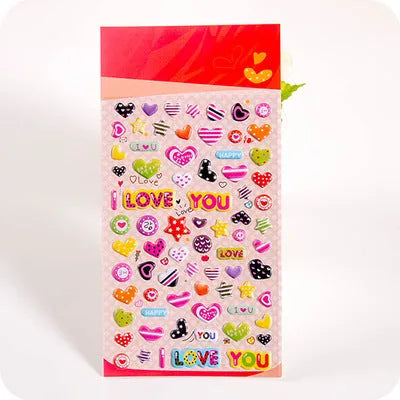 Cartoon three-dimensional bubble stickers sheet showing alpaca, forest animals, and dinosaur designs for hand account decoration
