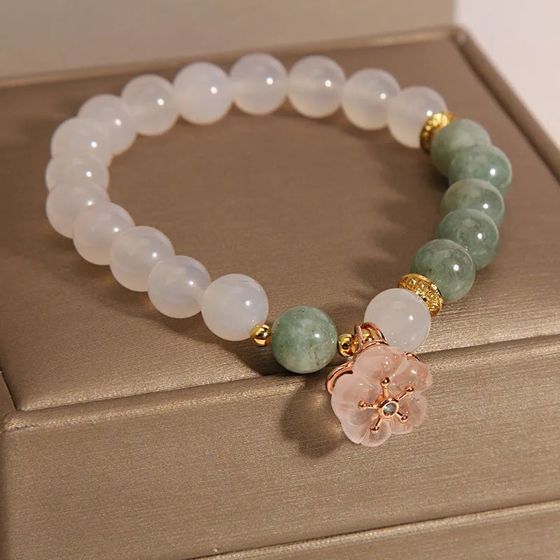 Women's emerald agate crystal bracelet with jadeite flower pendant and white agate beads