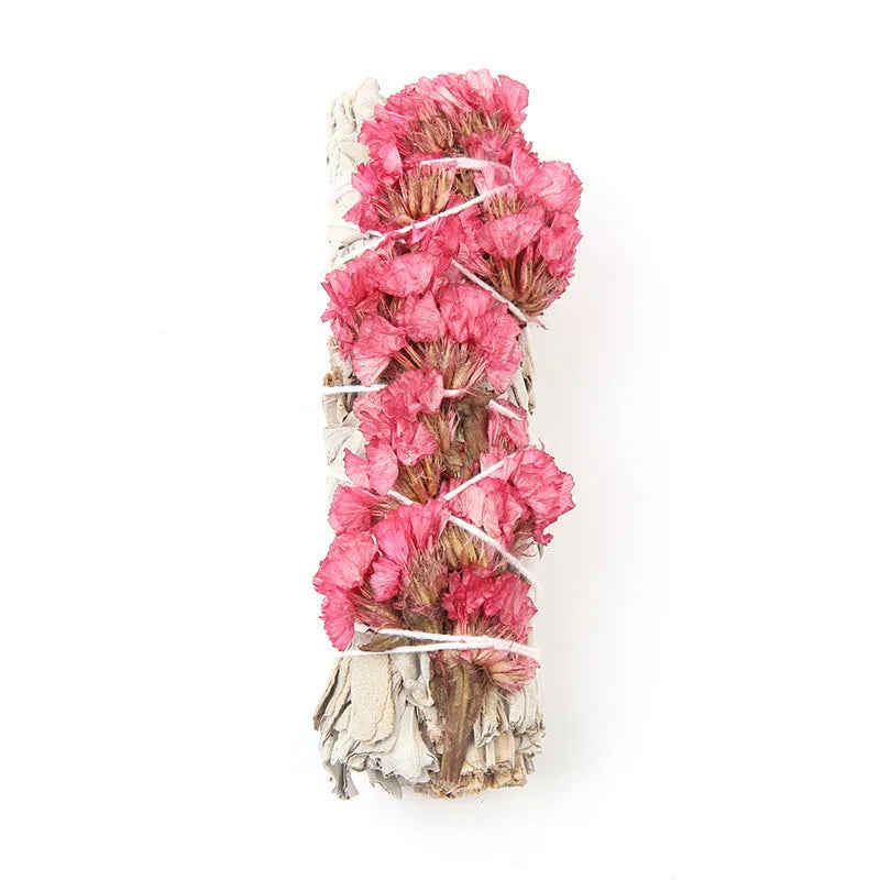 White sage and red rose petal incense bundle for fresh air with colourful dried botanicals